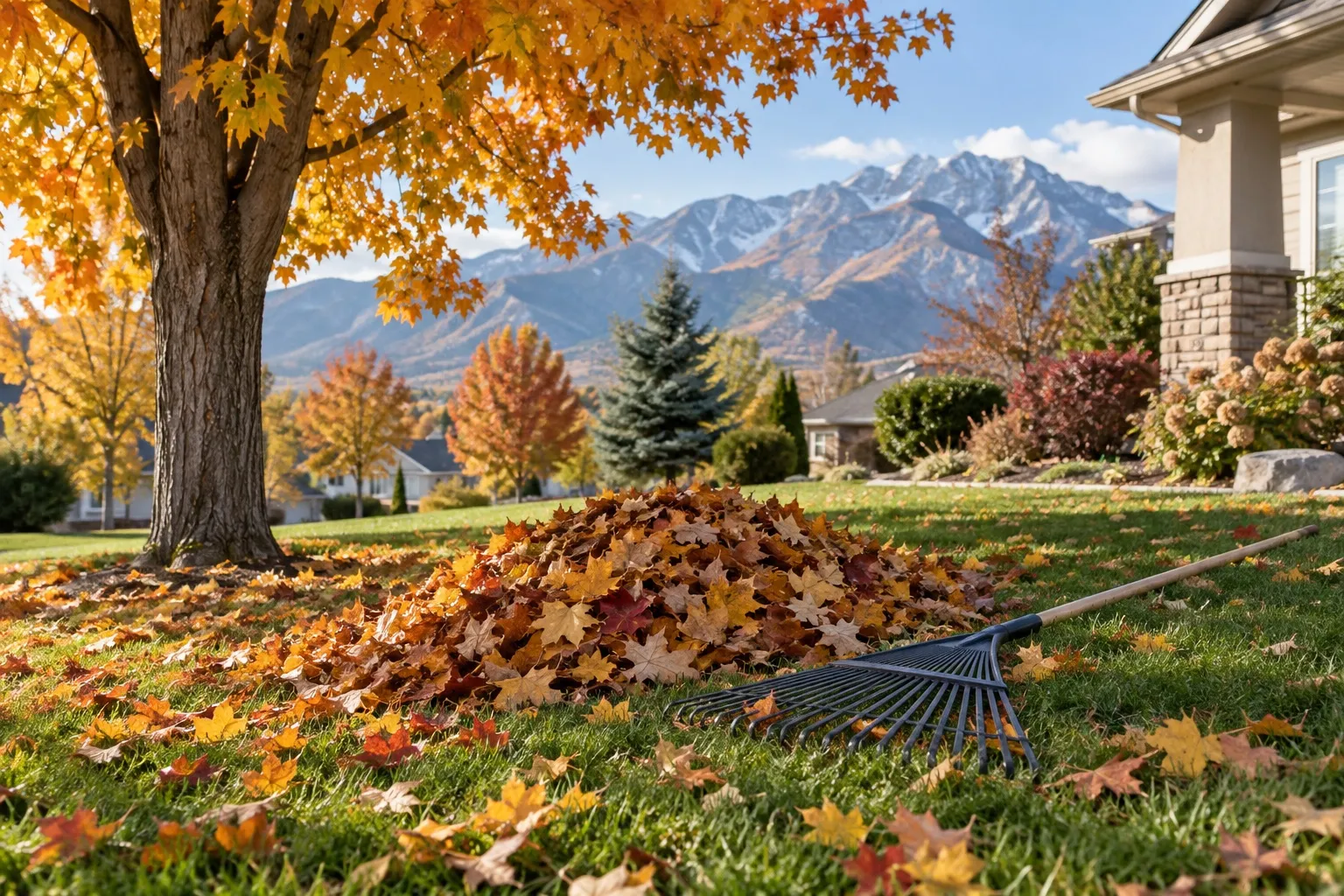 Illustration: autumn leaves on a lawn beside a rake and a raked pile