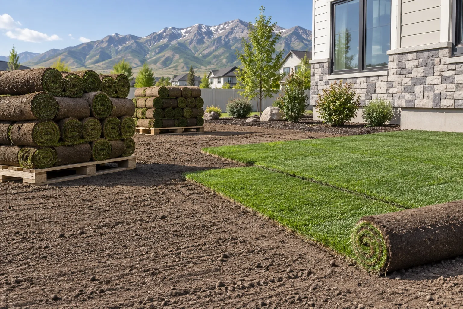 Illustration: rolls and strips of fresh sod on a newly graded yard